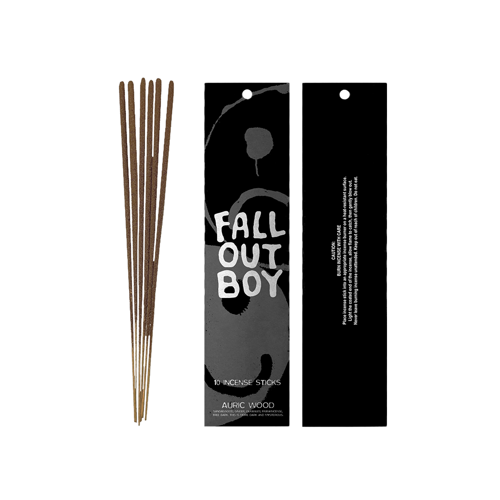 Incense sticks and packaging for Fall Out Boy branded incense in Auric Wood scent.