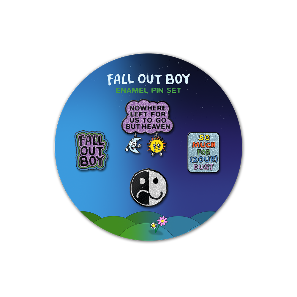 Circular display of Fall Out Boy enamel pin set featuring various designs and quotes.