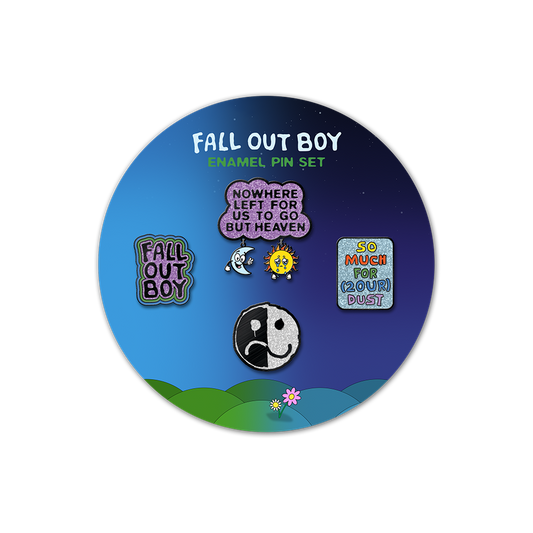 Circular display of Fall Out Boy enamel pin set featuring various designs and quotes.