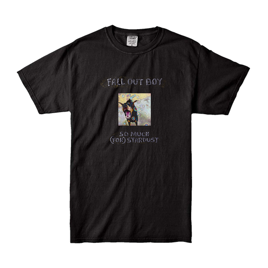 Black t-shirt featuring Fall Out Boy album artwork and text.