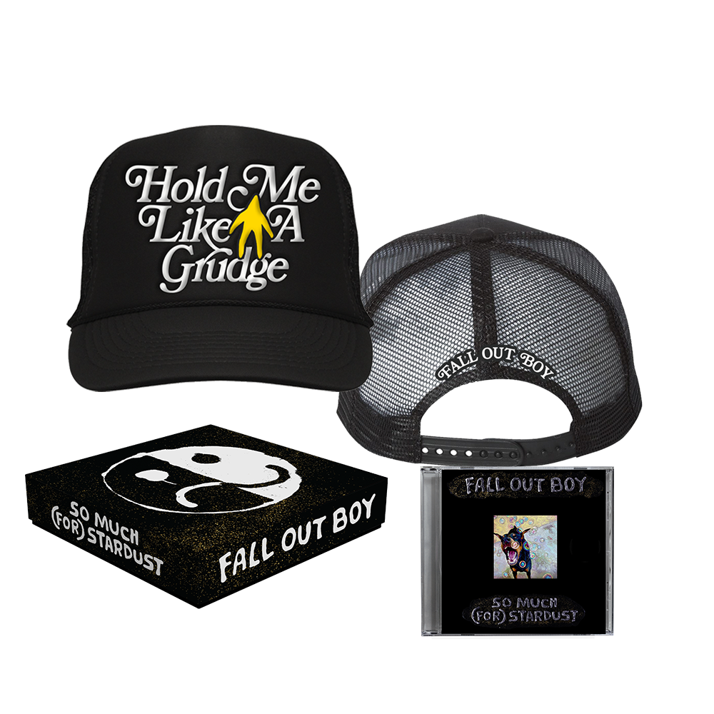Black trucker hat with white text ’Hold Me Like A Grudge’ and a yellow star emblem.