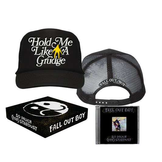 Black trucker hat with white text ’Hold Me Like A Grudge’ and a yellow star emblem.
