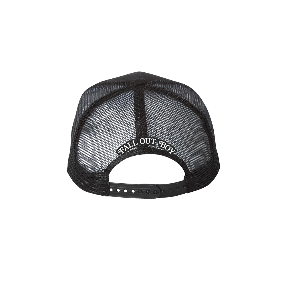 Black mesh trucker hat with ’FALL OUT BOY’ text on the back strap.