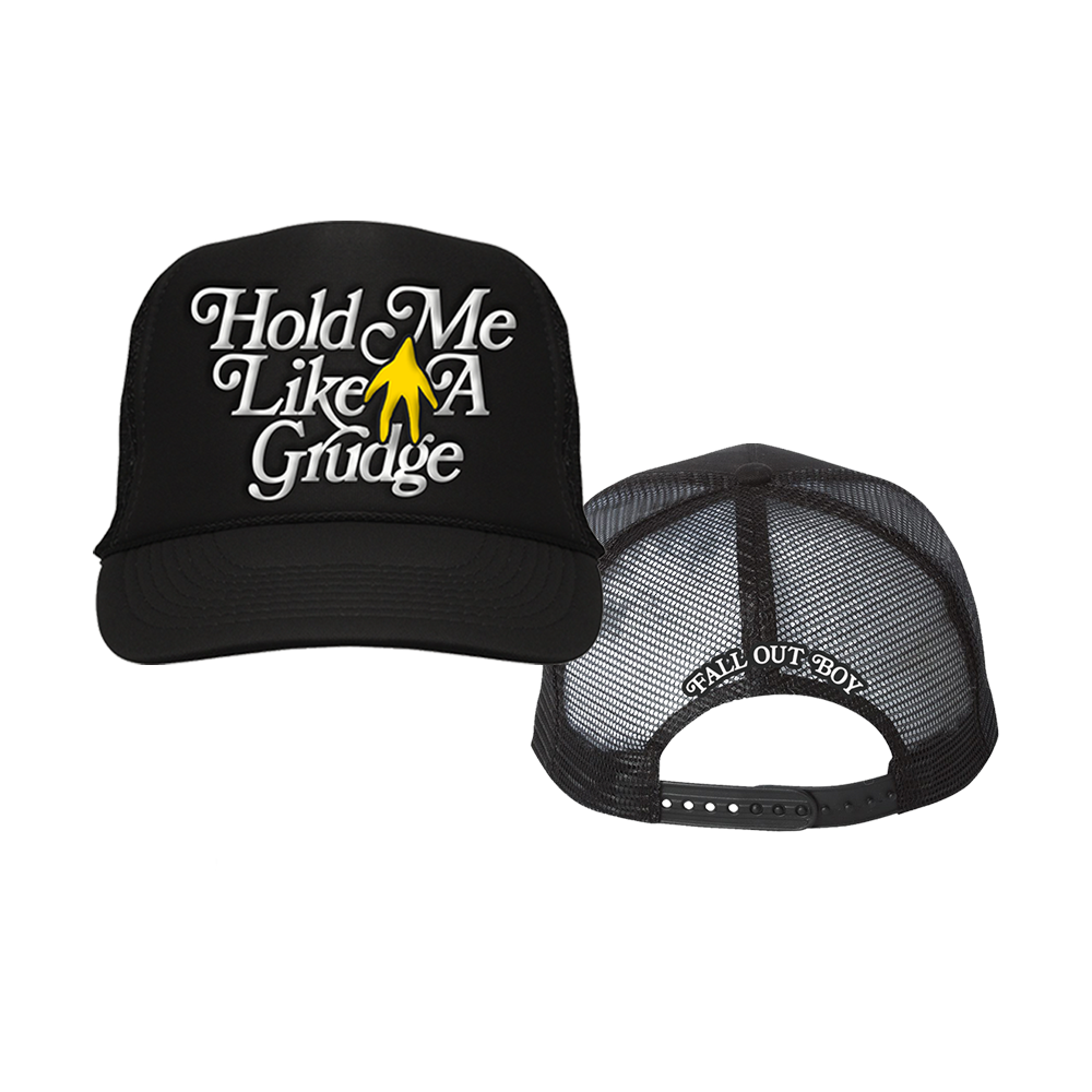 Black trucker hat with white text ’Hold Me Like A Grudge’ and a yellow symbol.