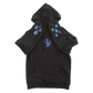Black hoodie with blue teardrop designs and a smiley face logo.