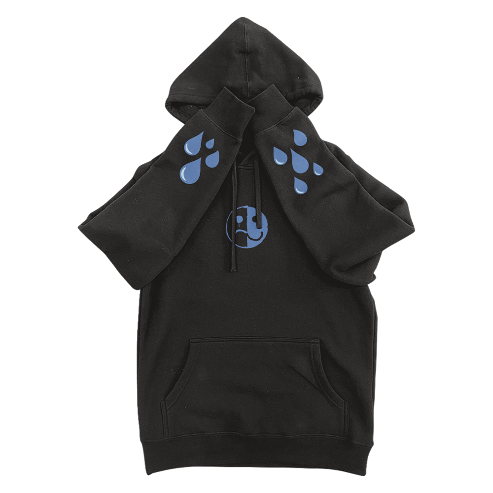 Black hoodie with blue teardrop designs and a smiley face logo.