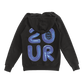Black hoodie with blue ’2UR’ lettering and ’FALL OUT BOY’ text on the back.