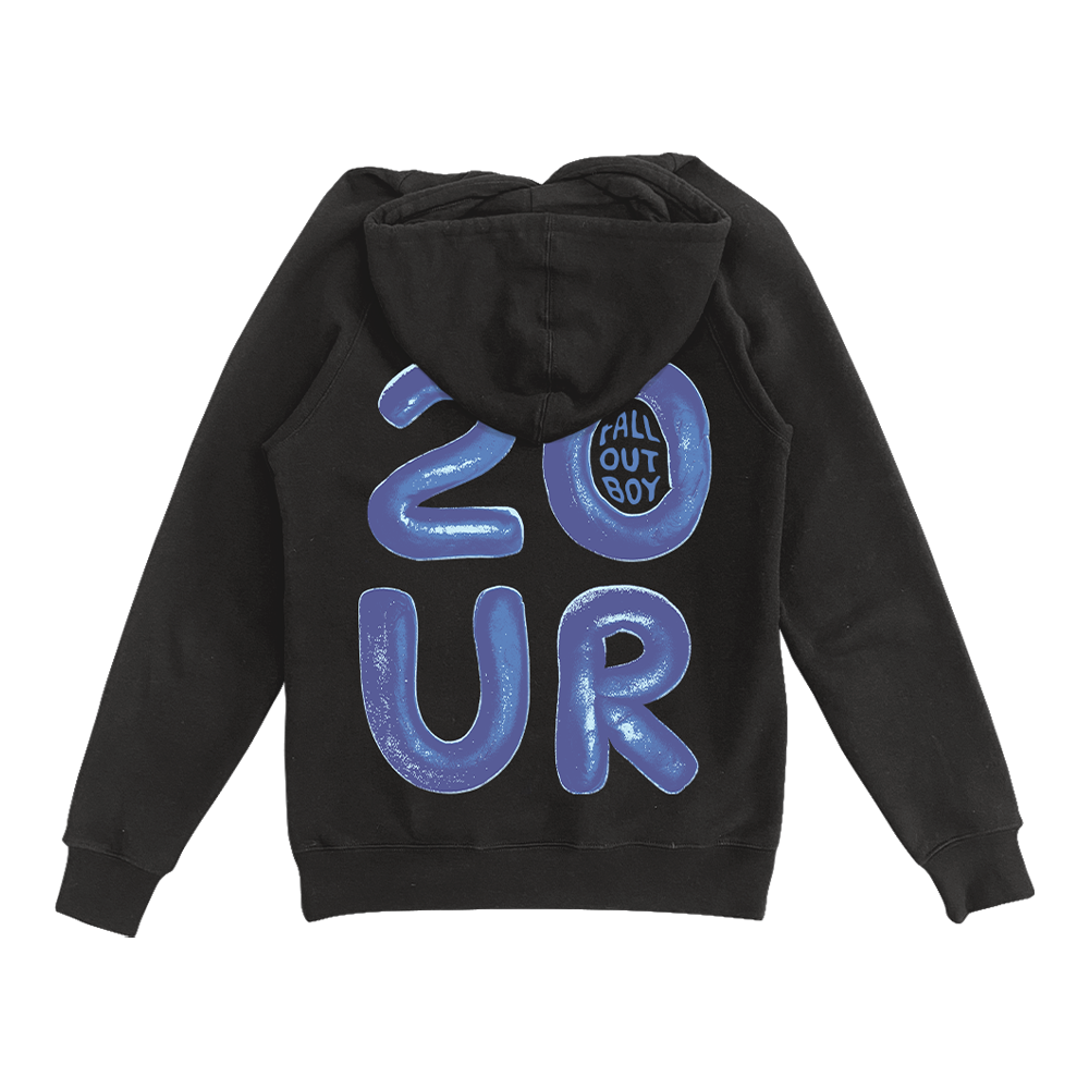 Black hoodie with blue ’2UR’ lettering and ’FALL OUT BOY’ text on the back.