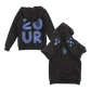 Black hoodie sweatshirt with blue graphic designs on the front and back.