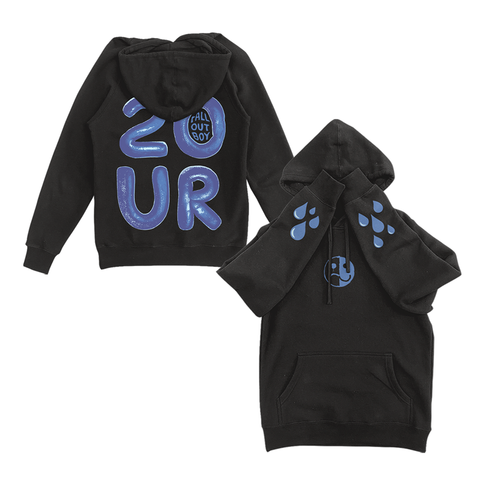Black hoodie sweatshirt with blue graphic designs on the front and back.