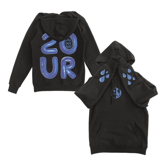 Black hoodie sweatshirt with blue graphic designs on the front and back.