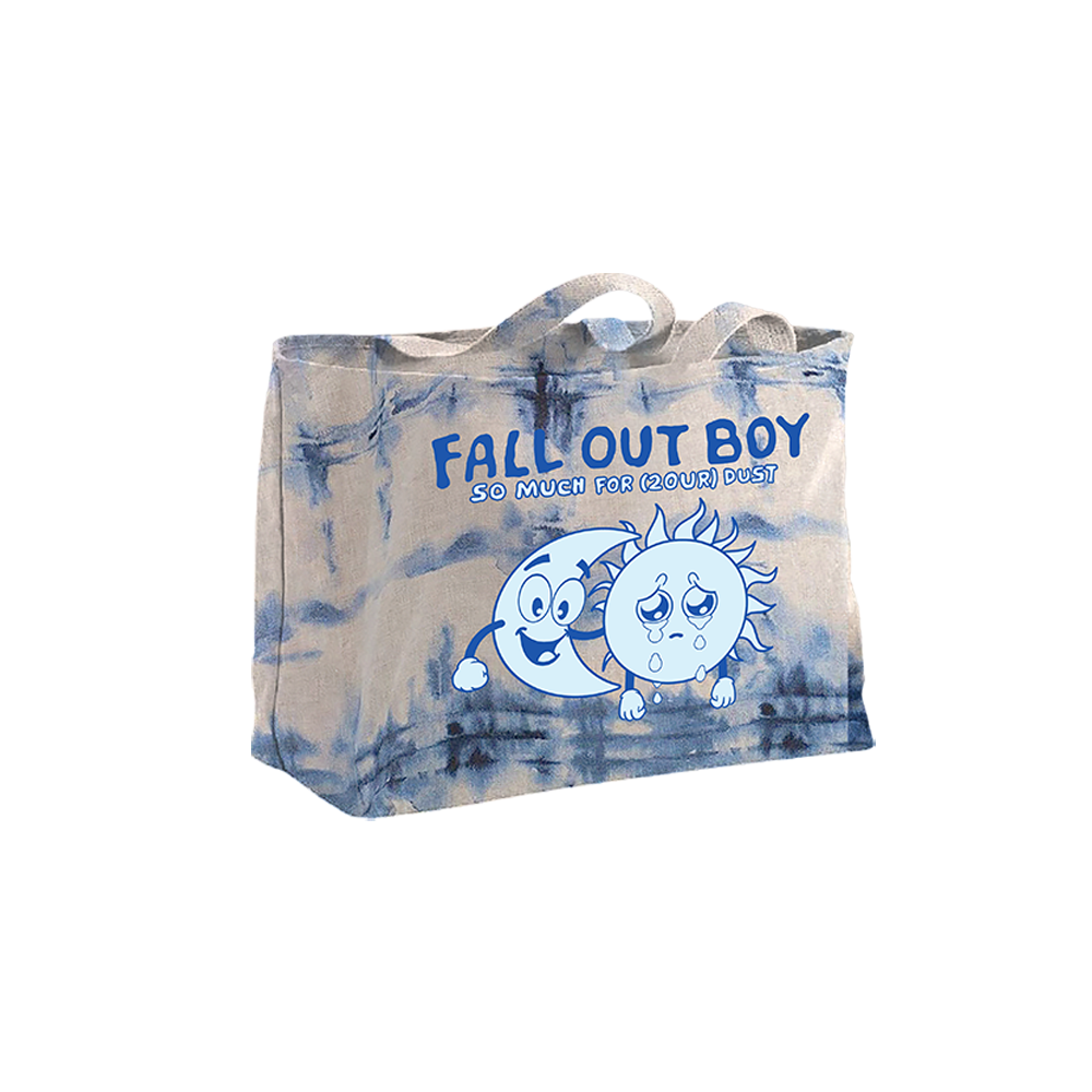 Tie-dyed tote bag featuring Fall Out Boy band artwork and text.