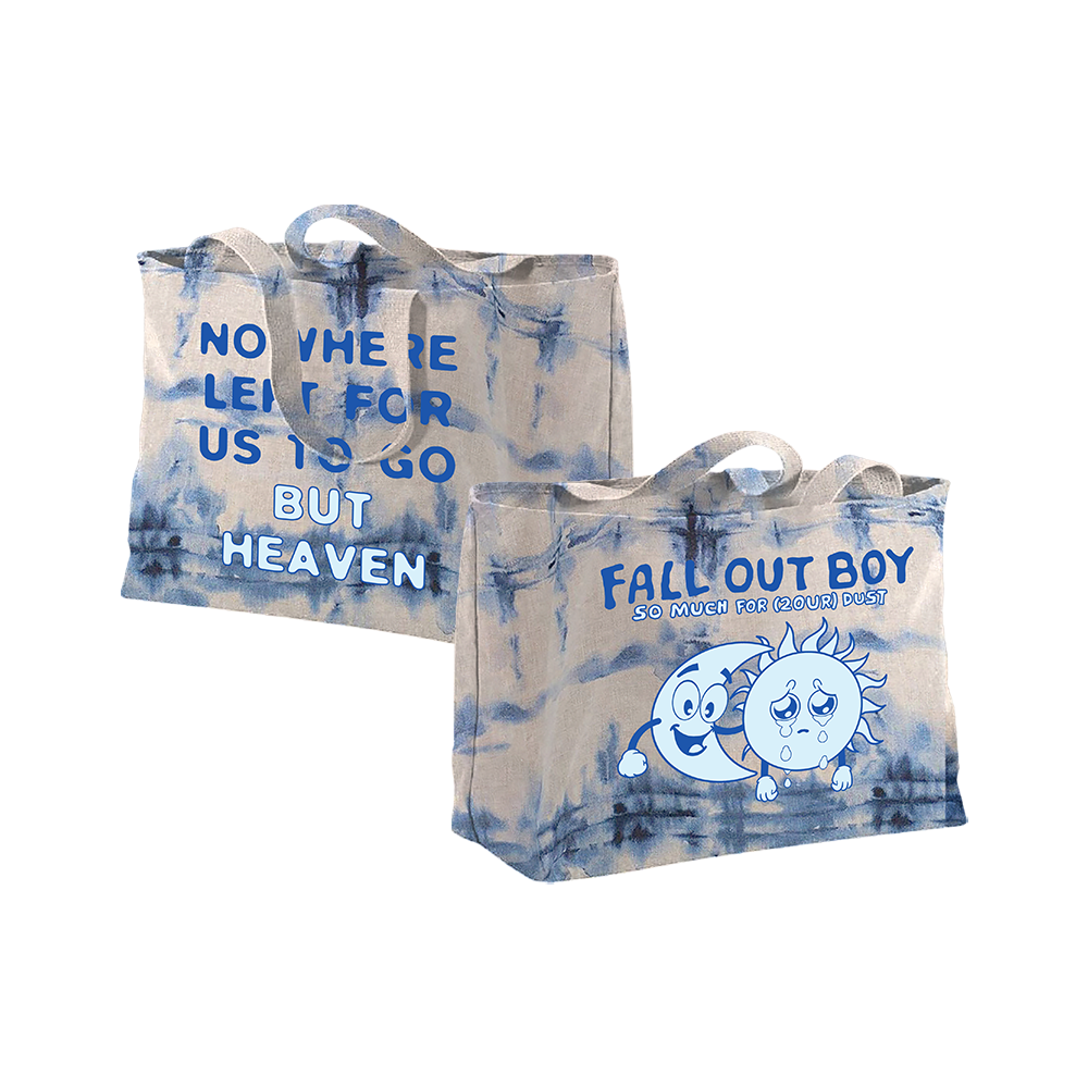 Two tie-dyed canvas tote bags with Fall Out Boy-related text and graphics.