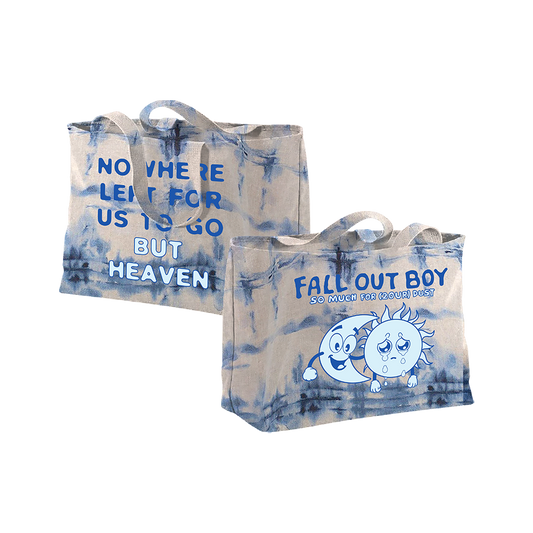 Two tie-dyed canvas tote bags with Fall Out Boy-related text and graphics.