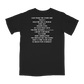 Black t-shirt with white text listing song titles or track names.