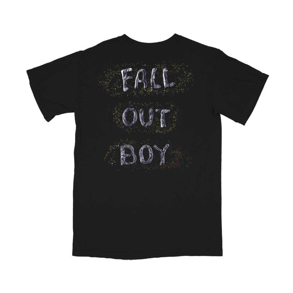 Black t-shirt with ’FALL OUT BOY’ text printed on it in a distressed, speckled style.