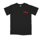 Black t-shirt with ’Fall Out Boy’ printed in red on the chest.