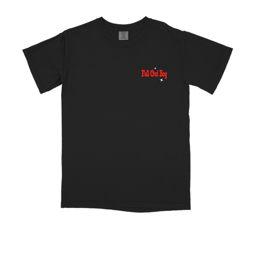 Black t-shirt with ’Fall Out Boy’ printed in red on the chest.