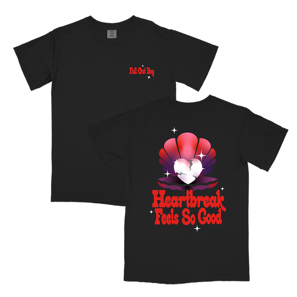 Black t-shirt with red and pink graphic design featuring a broken heart and text.