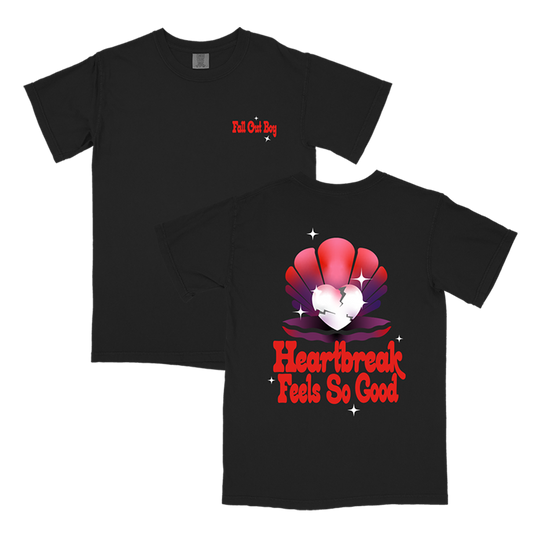 Black t-shirt with red and pink graphic design featuring a broken heart and text.